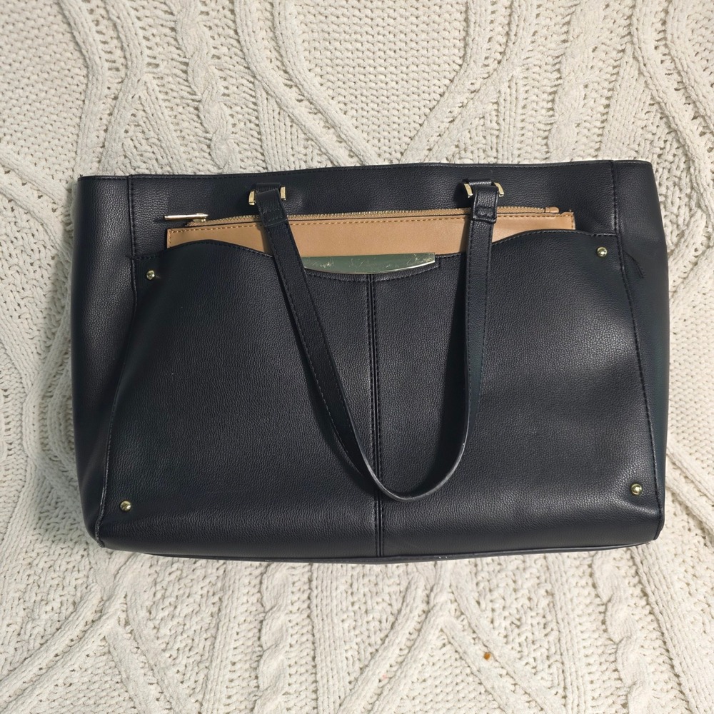 Ann Taylor Tote Laptop Bag Black Tan Faux Leather Work Office Elegant Designer